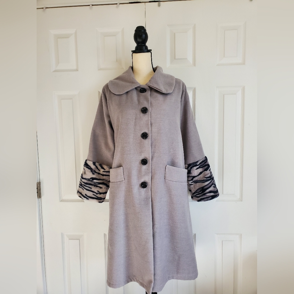 Saga faux fur animal print button front dress coat